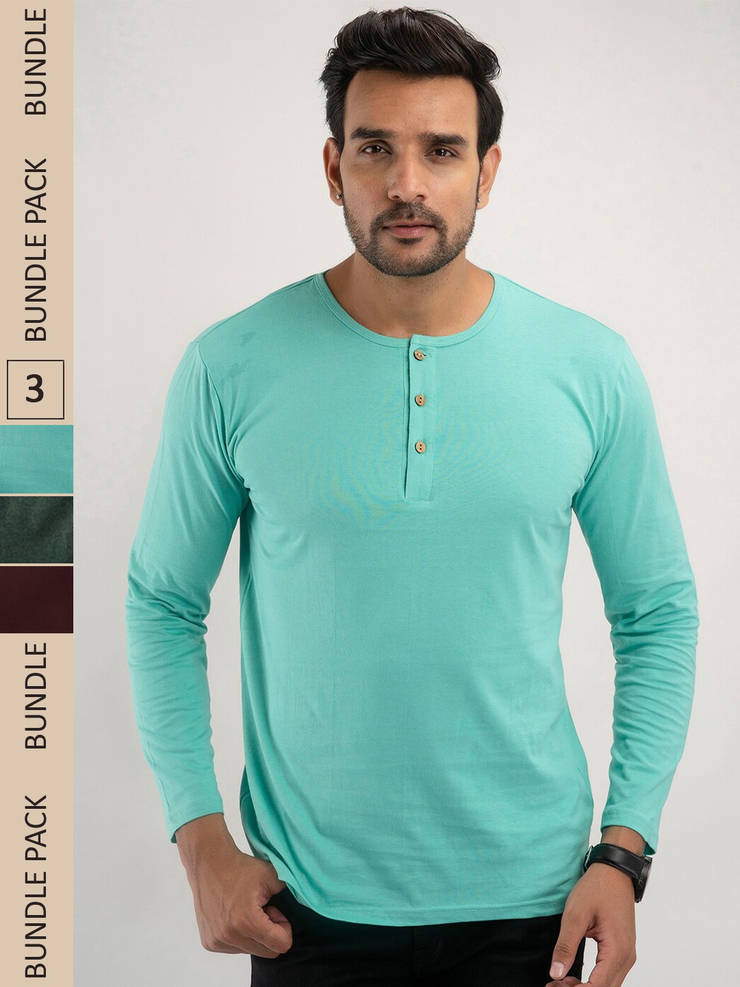 

FERANOID Pack Of 3 Henley Neck Bio Finish Cotton T-shirt, Turquoise blue