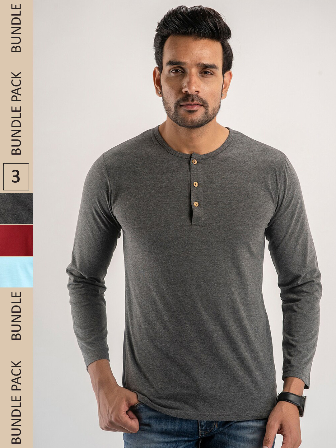 

FERANOID Pack Of 3 Henley Neck Bio Finish Cotton T-shirt, Charcoal