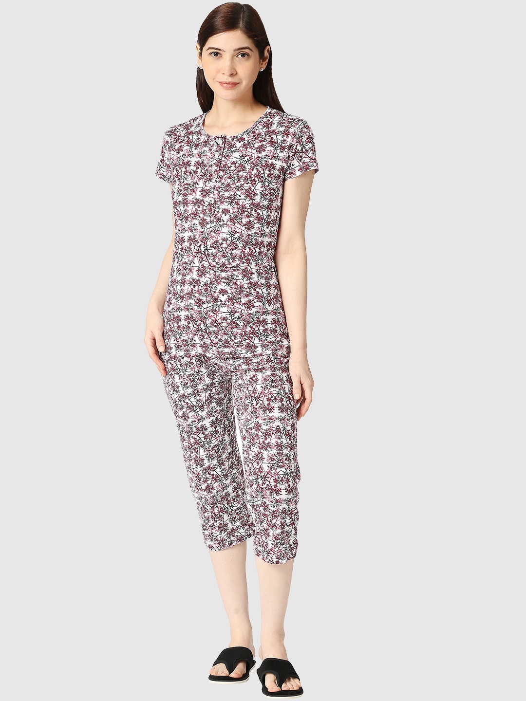 

zebu Floral Printed Pure Cotton Night Suit, White