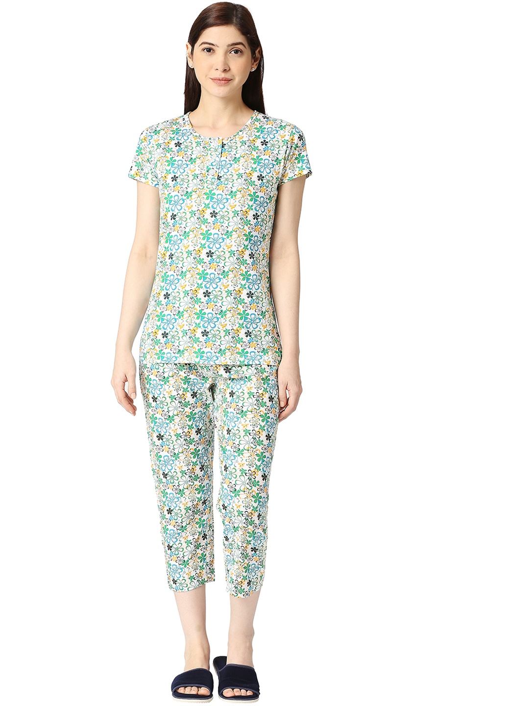 

zebu Floral Printed Pure Cotton Night Suit, Blue