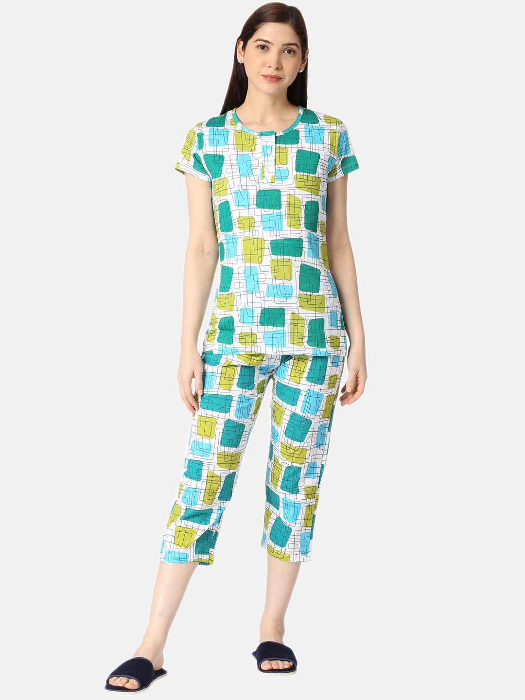 

zebu Geometric Printed Pure Cotton Night Suit, White