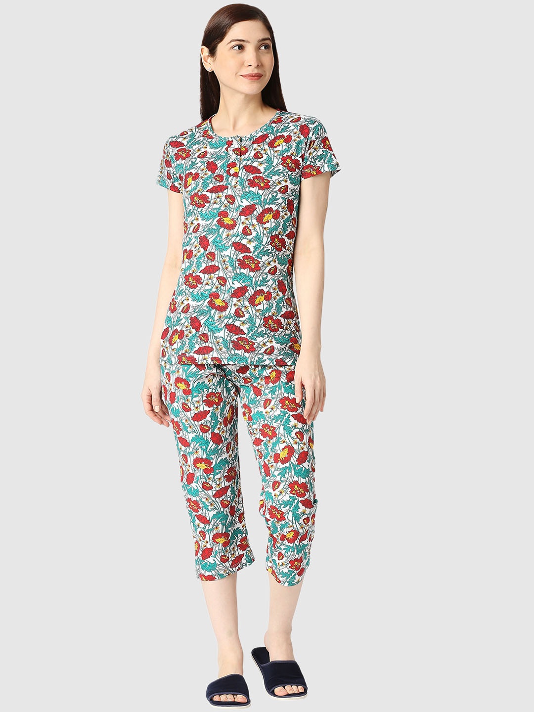 

zebu Floral Printed Pure Cotton Night Suit, White