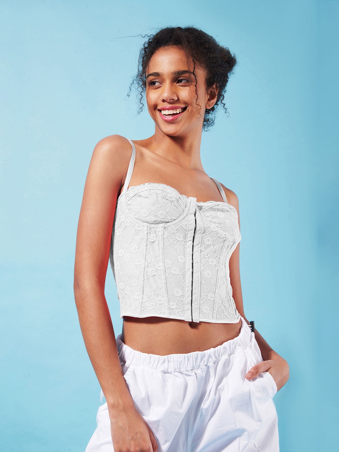 

IZF Lace-Up Styled Back Strappy Corset Crop Top, White