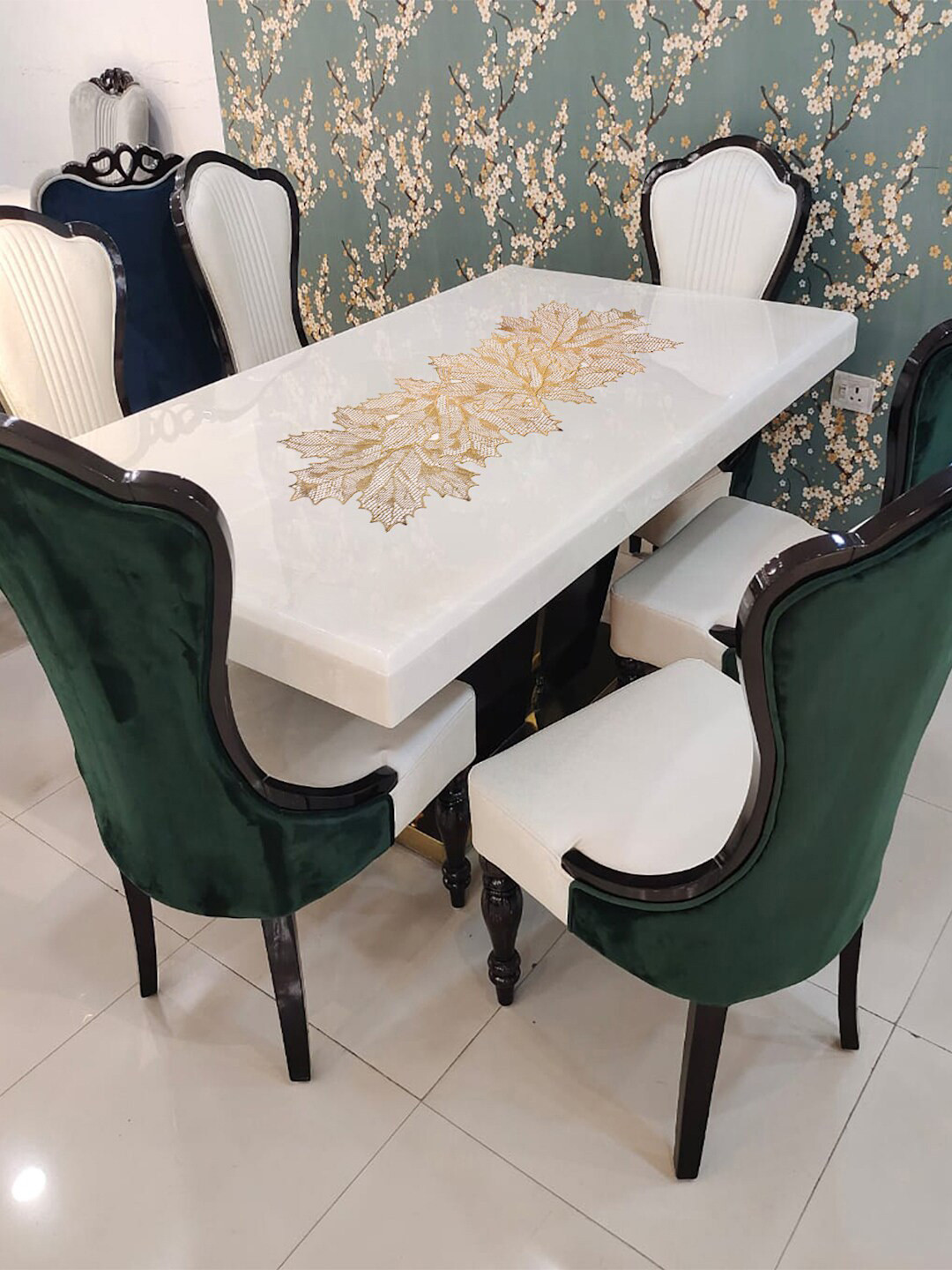 

FABINALIV Gold Toned Floral Textured PVC Table Runner