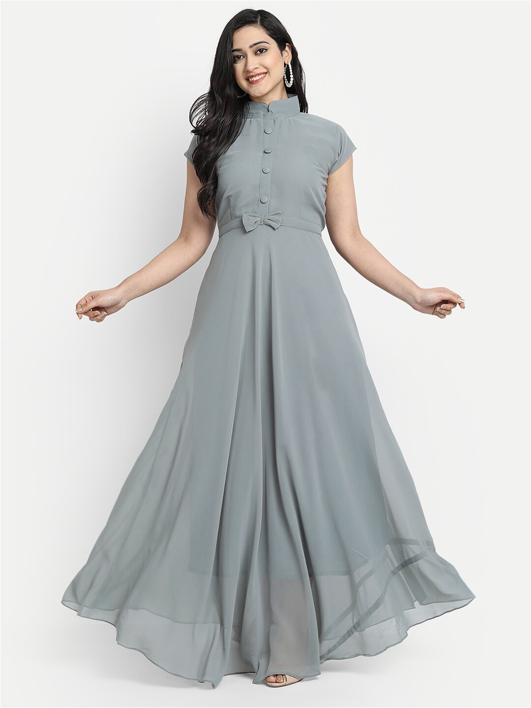 

Femvy Mandarin Collar Georgette Maxi Fit and Flare Dress, Grey