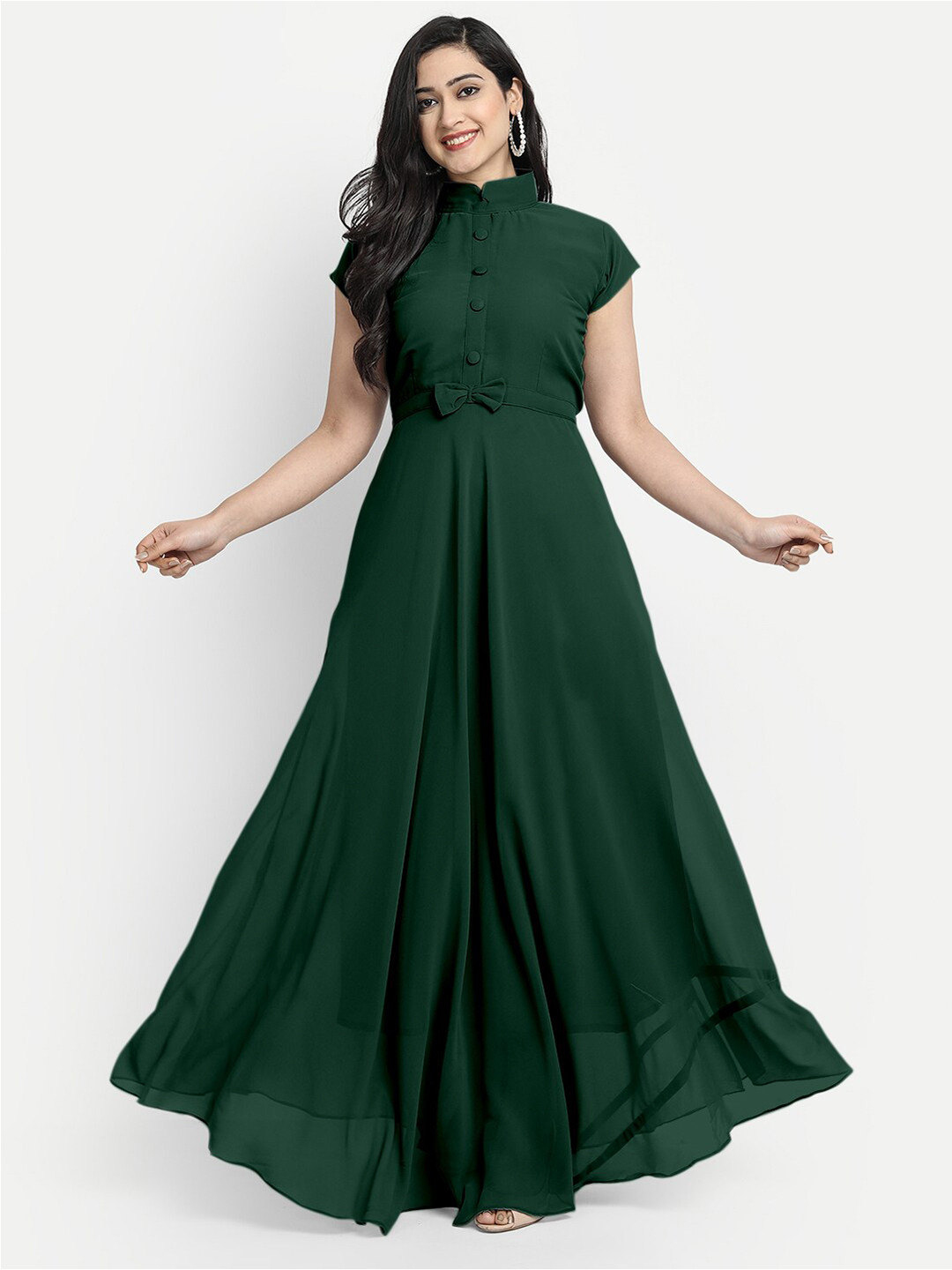 

Femvy Mandarin Collar Georgette Maxi Fit and Flare Dress, Green