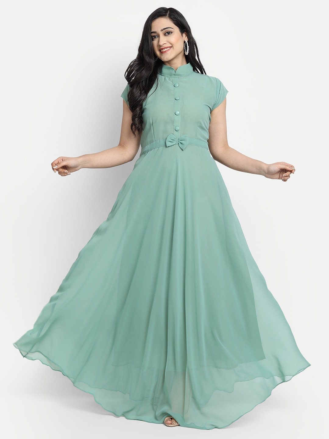 

Femvy Mandarin Collar Bow Detail Georgette Fit & Flare Maxi Dress, Sea green
