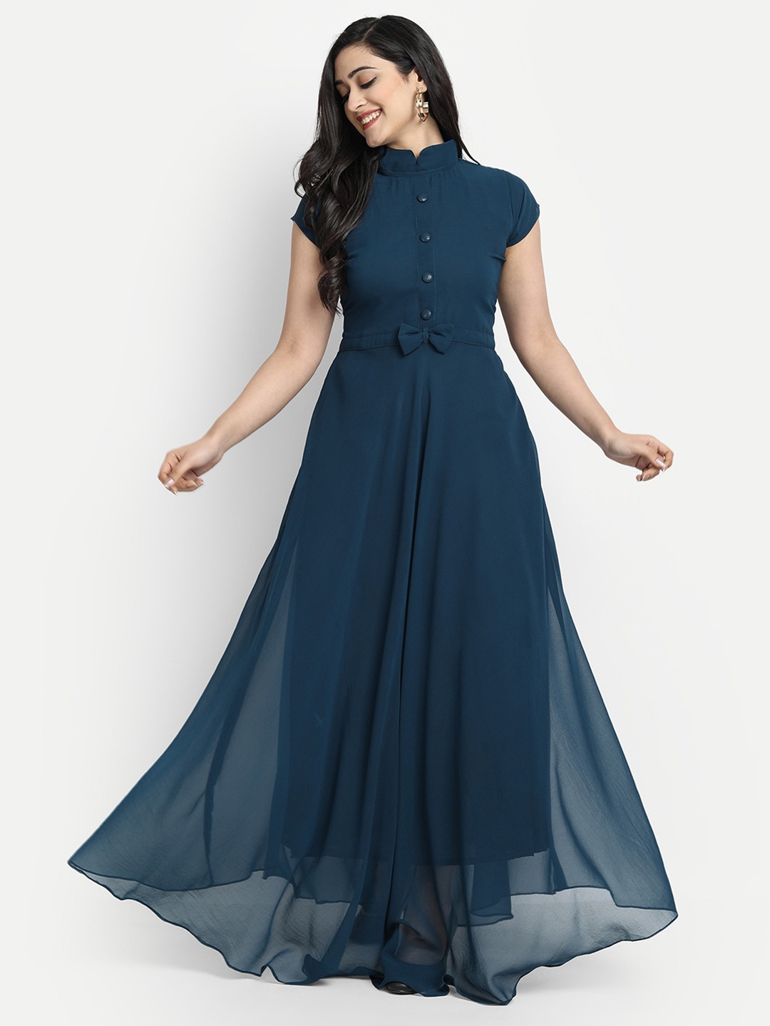 

Femvy Mandarin Collar Bow Detail Georgette Fit & Flare Maxi Dress, Blue