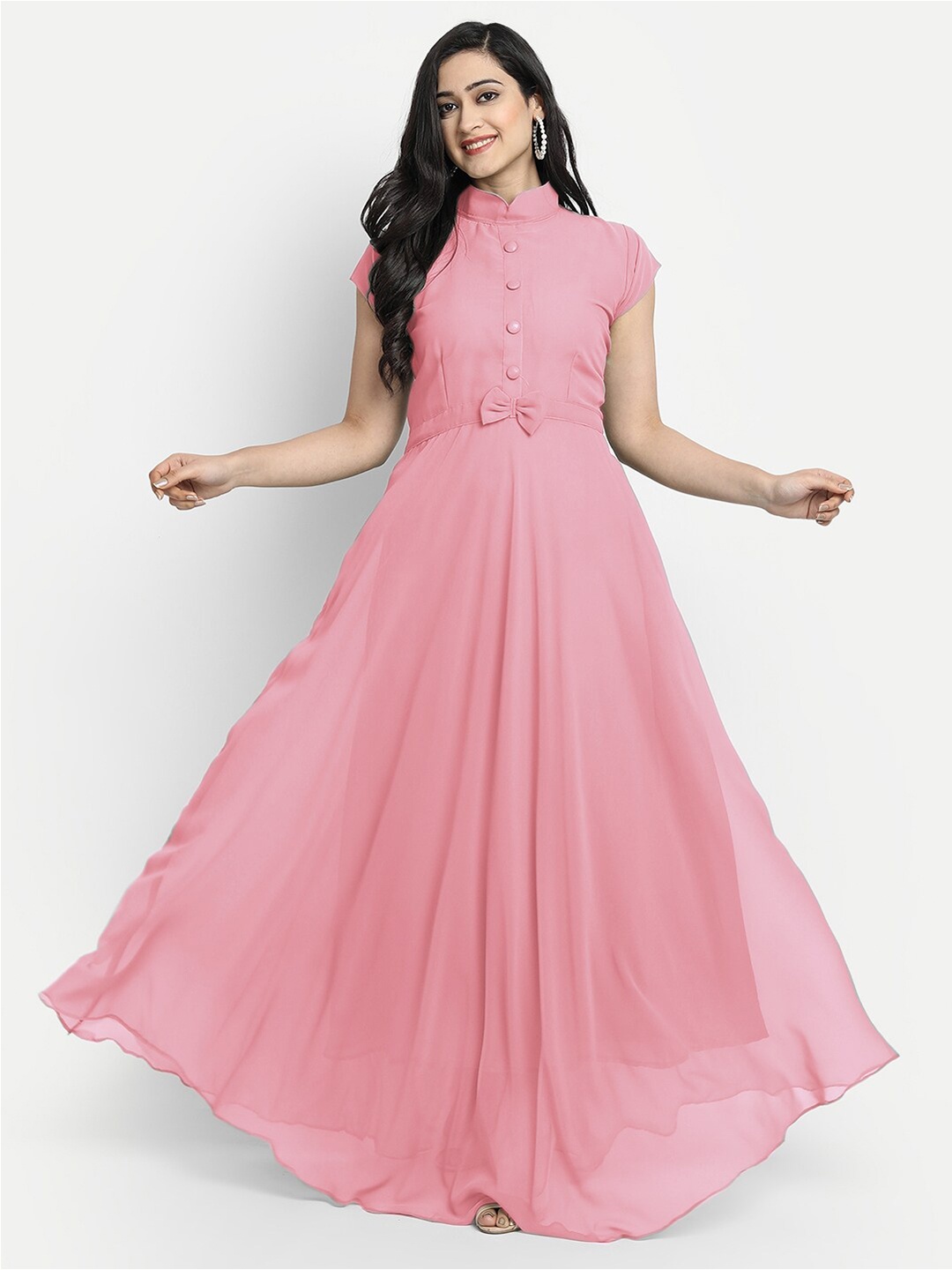 

Femvy Mandarin Collar Georgette Maxi Fit and Flare Dress, Peach