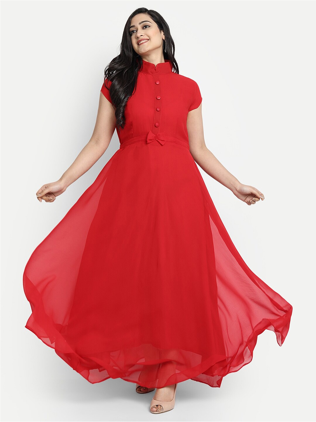

Femvy Mandarin Collar Georgette Maxi Fit and Flare Dress, Red