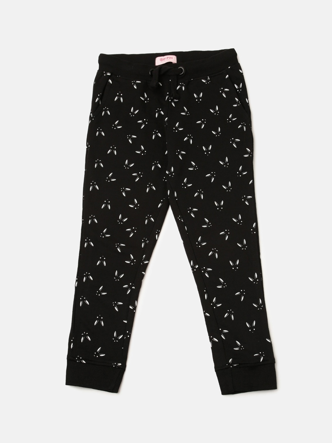

PIPIN Girls Conversational Printed Slim Fit Mid-Rise Cotton Joggers, Black