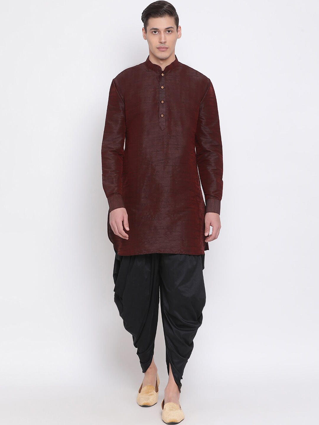 

VASTRAMAY Mandarin Collar Kurta with Dhoti Pants, Burgundy