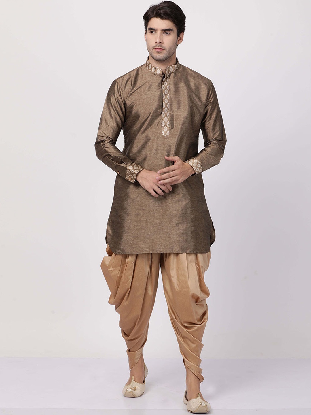 

VASTRAMAY Mandarin Collar Ethnic Motifs Yoke Design Regular Kurta with Dhoti Pants, Bronze