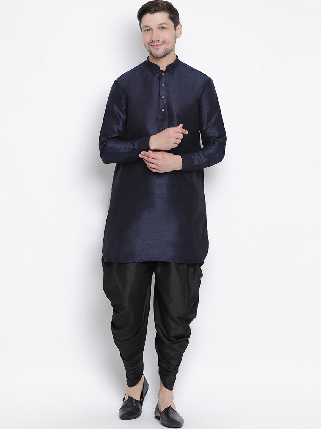 

VASTRAMAY Mandarin Collar Kurta with Dhoti Pants, Navy blue