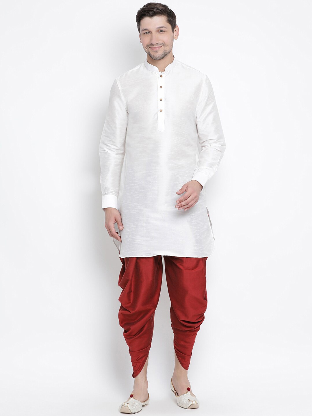 

VASTRAMAY Mandarin Collar Kurta with Dhoti Pants, White