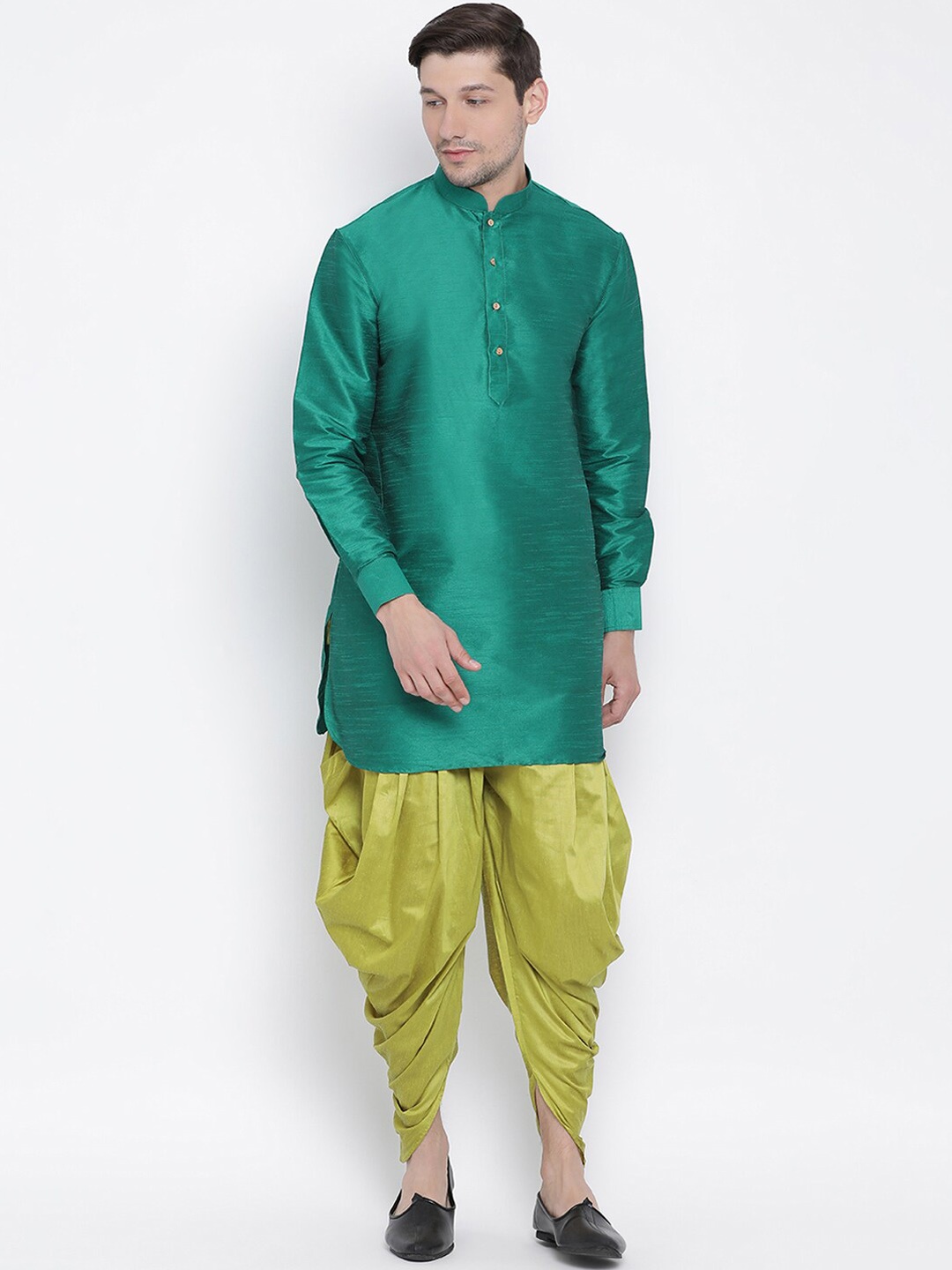 

VASTRAMAY Mandarin Collar Kurta with Dhoti Pants, Green