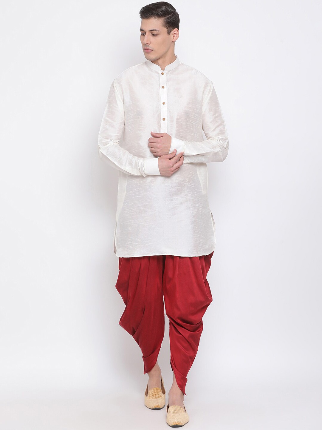 

VASTRAMAY Mandarin Collar Regular Kurta With Dhoti Pants, Cream
