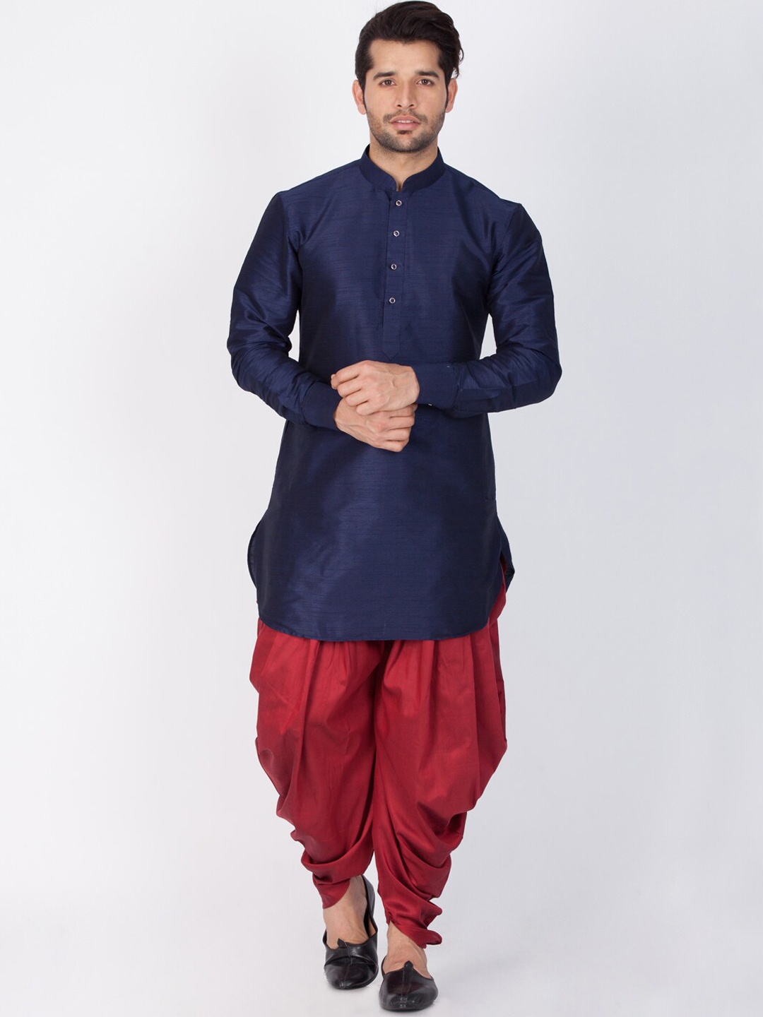 

VASTRAMAY Mandarin Collar Regular Kurta With Dhoti Pants, Navy blue