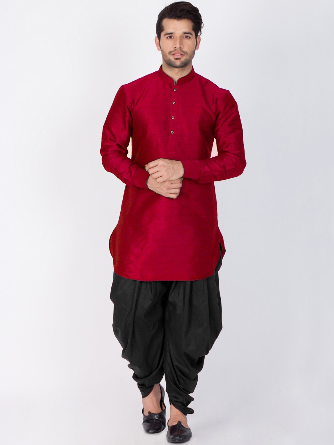 

VASTRAMAY Mandarin Collar Kurta with Dhoti Pants, Maroon
