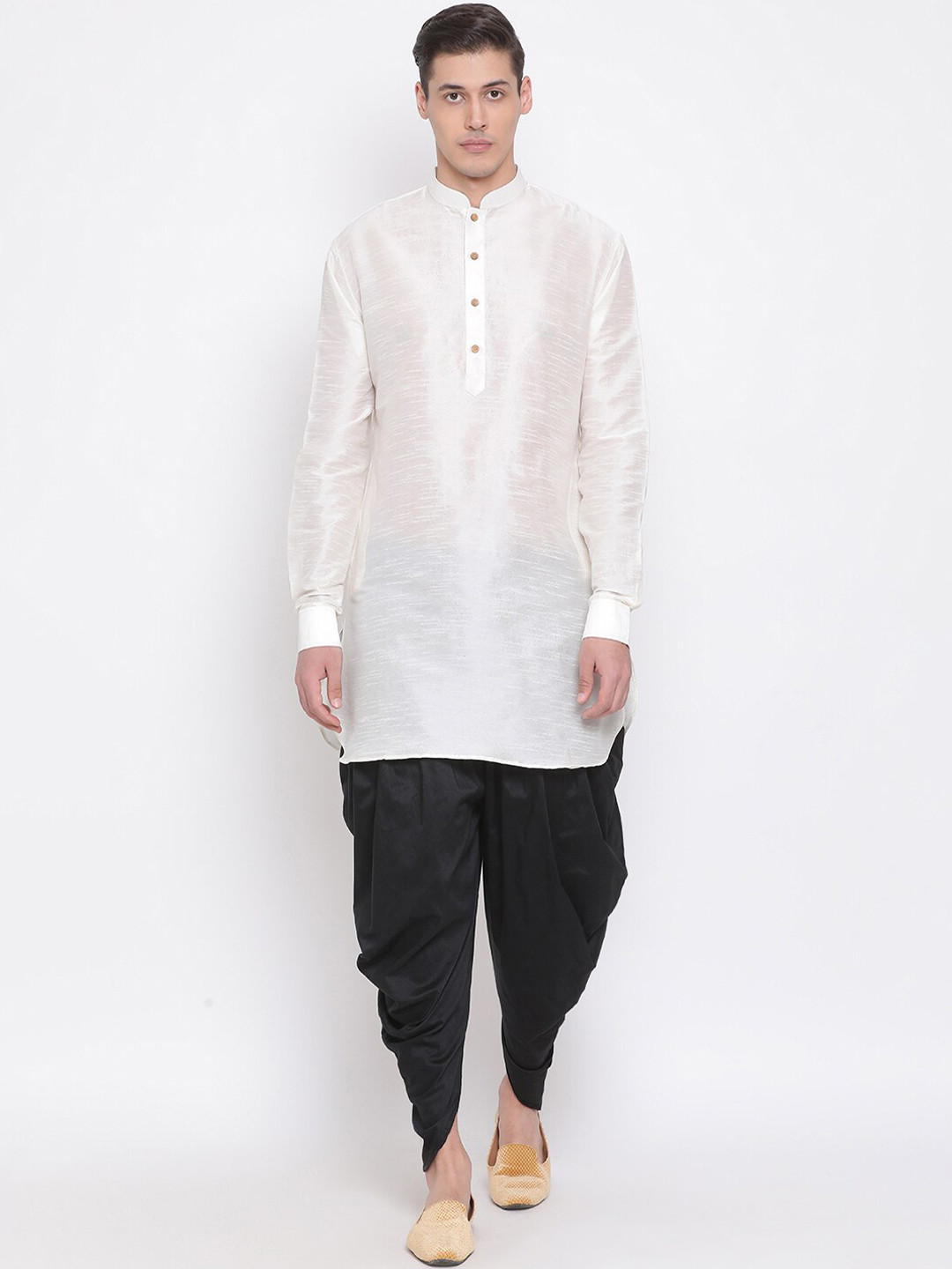 

VASTRAMAY Mandarin Collar Kurta with Dhoti Pants, Cream