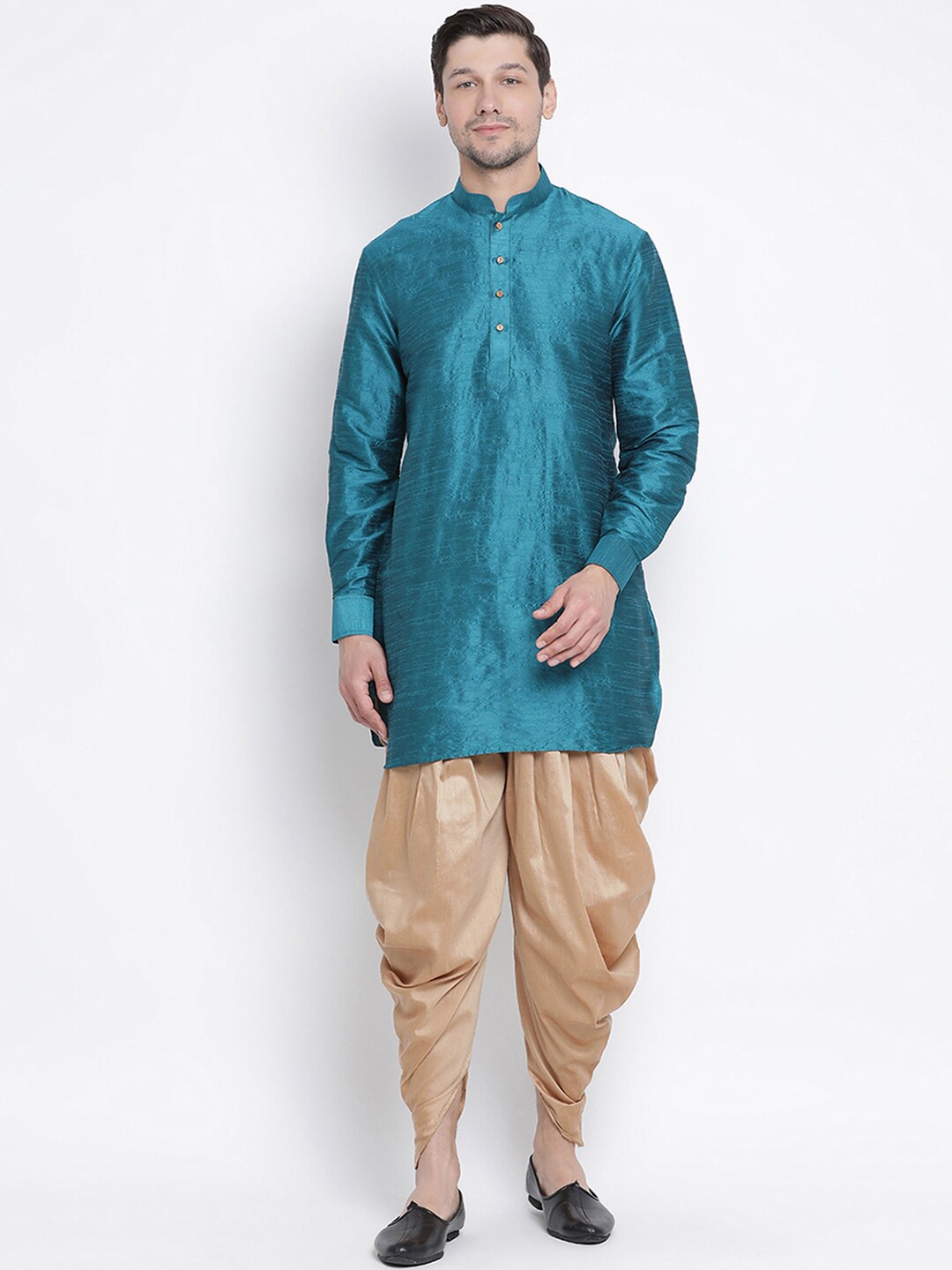 

VASTRAMAY Mandarin Collar Regular Kurta With Dhoti Pants, Turquoise blue