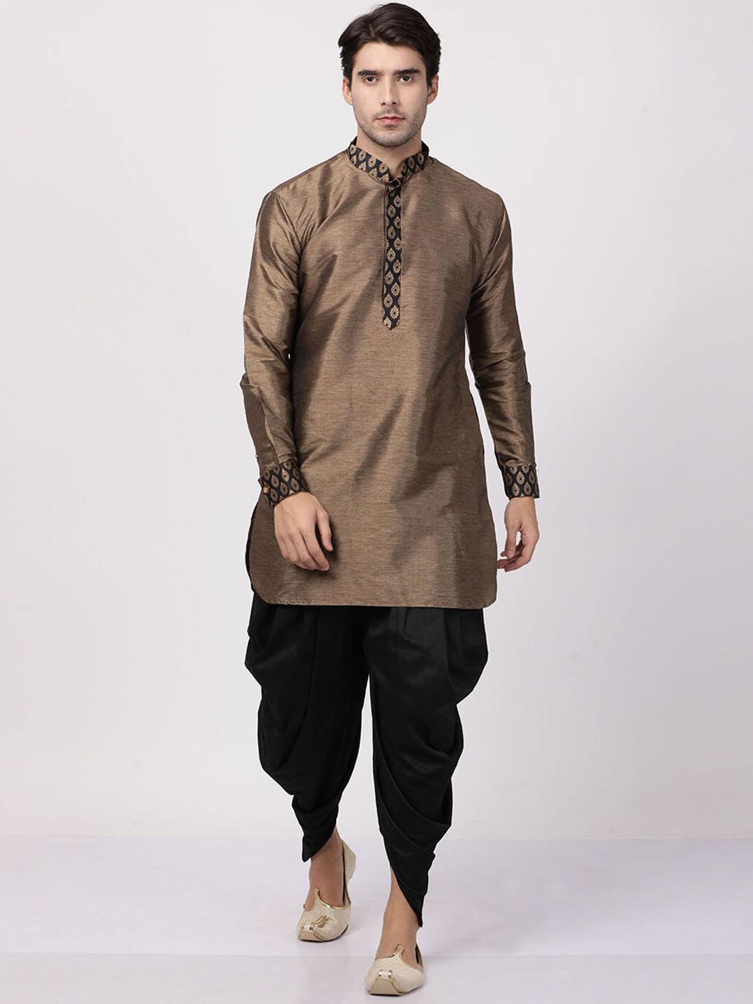 

VASTRAMAY Mandarin Collar Kurta with Dhoti Pants, Bronze