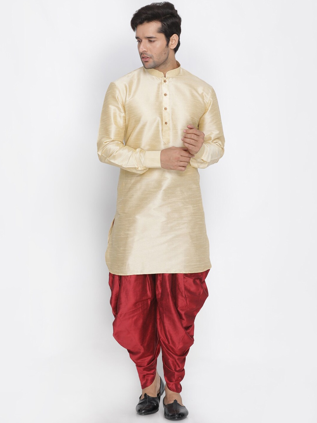 

VASTRAMAY Mandarin Collar Kurta with Dhoti Pants, Gold