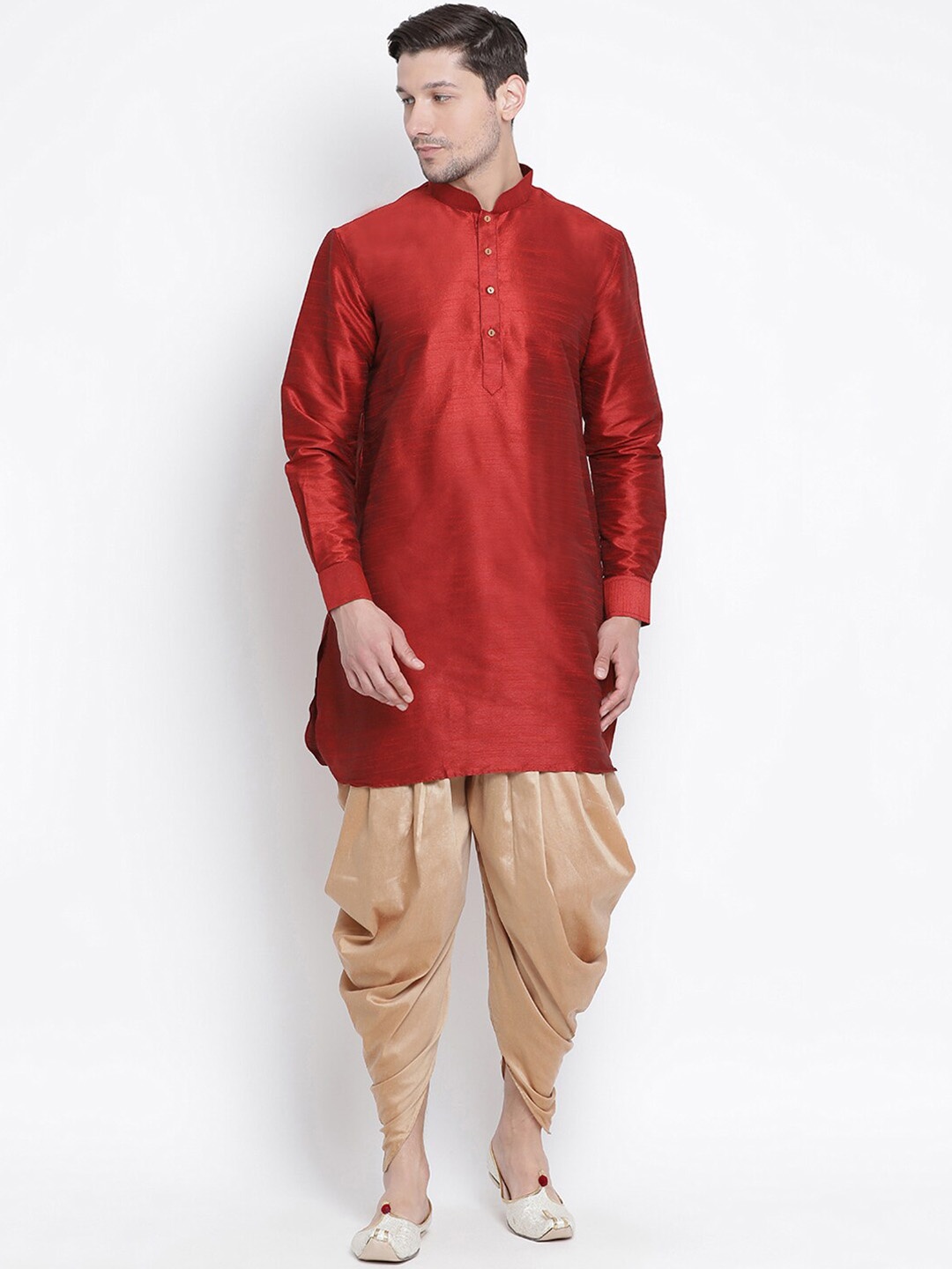 

VASTRAMAY Mandarin Collar Kurta with Dhoti Pants, Maroon