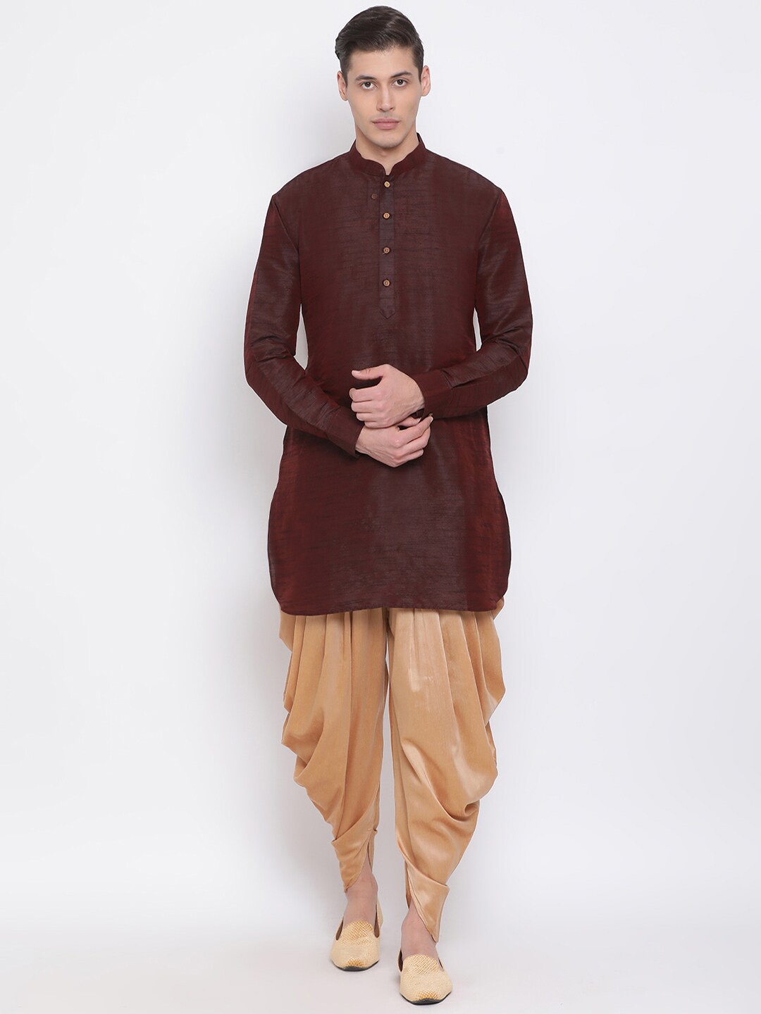 

VASTRAMAY Mandarin Collar Regular Kurta With Dhoti Pants, Burgundy