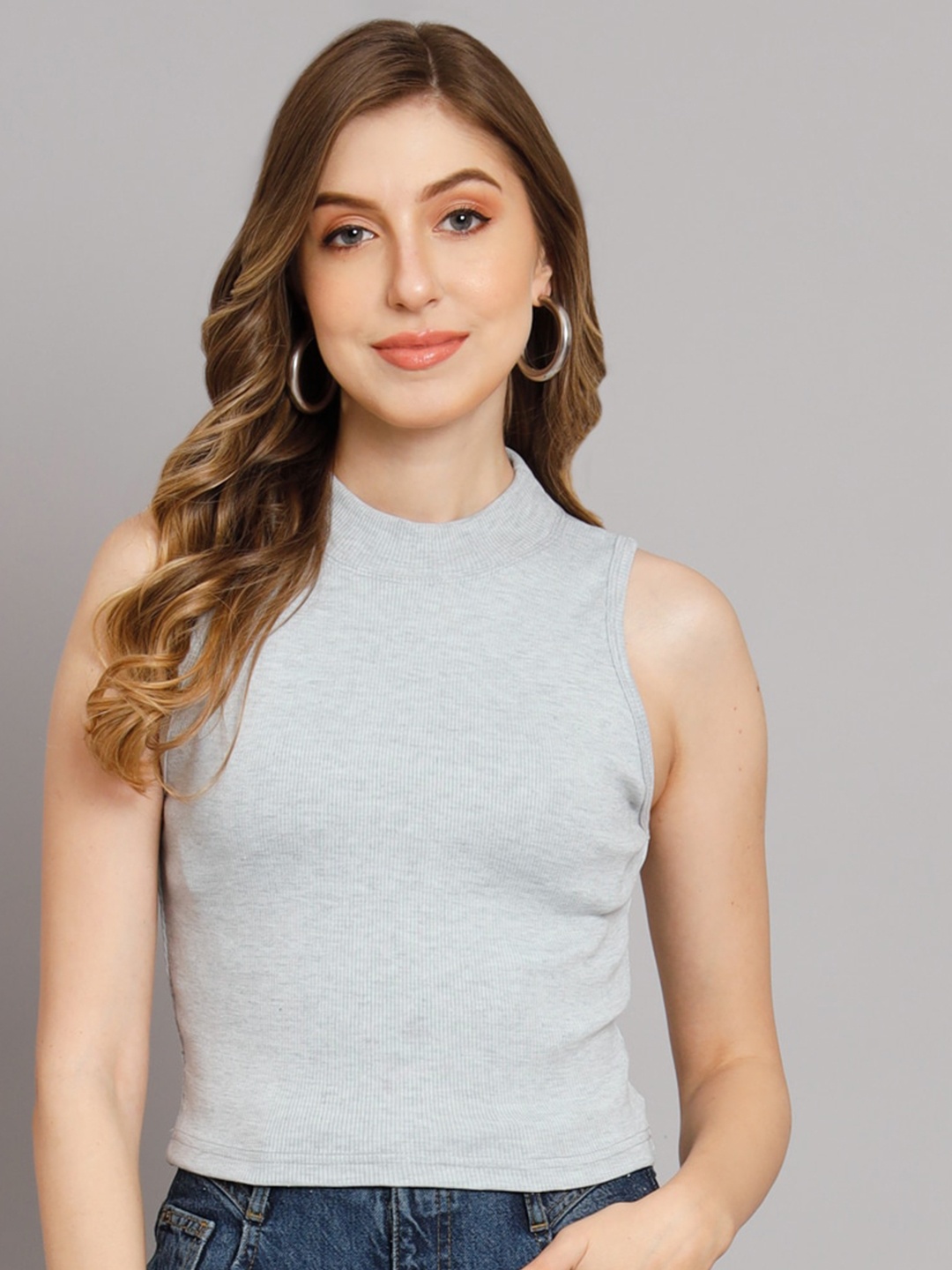 

Funday High Neck Ribbed Fitted Top, Grey