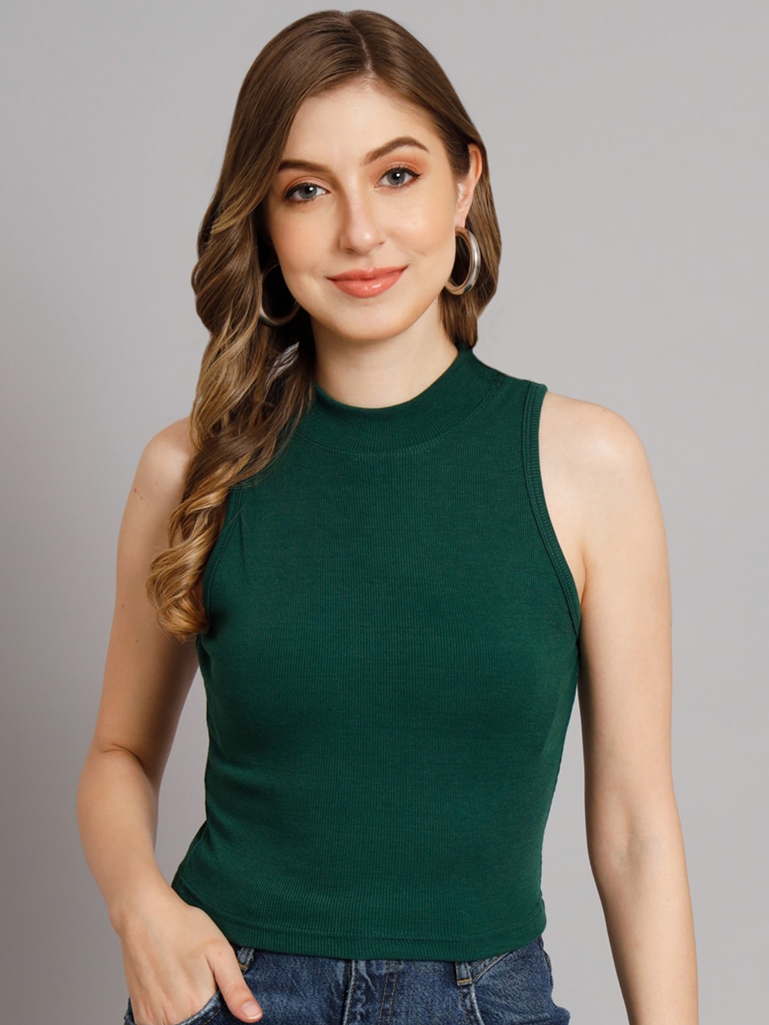 

Funday High Neck Ribbed Fitted Top, Green