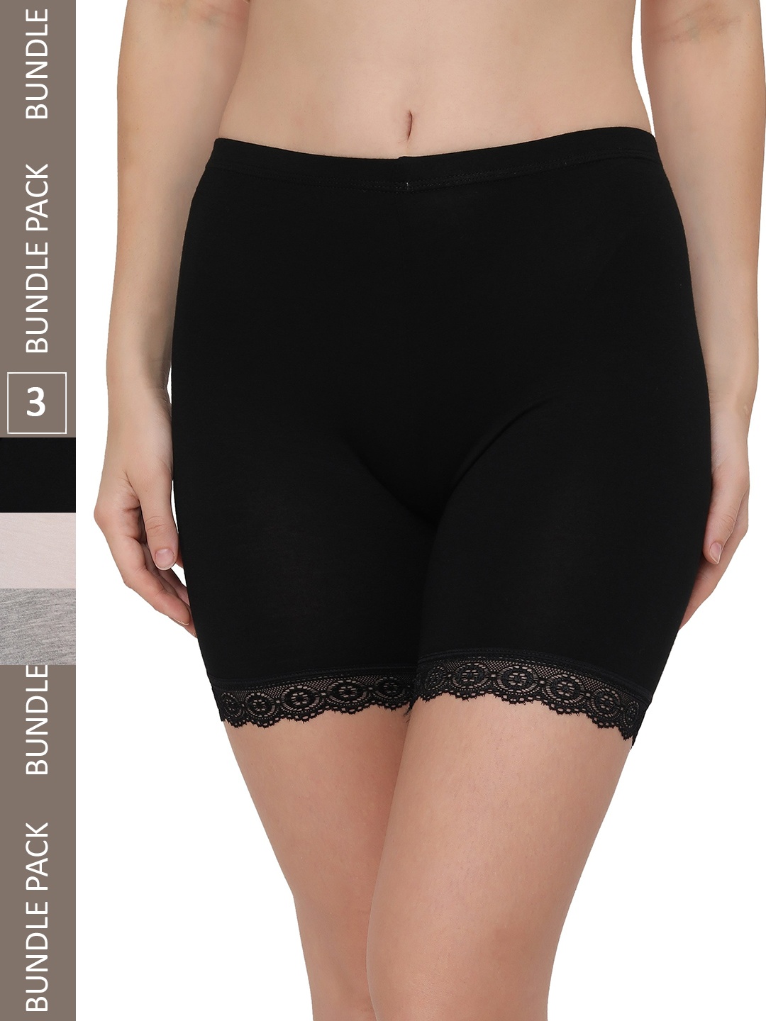 

PLUMBURY Women Pack Of 3 Mid-Rise Under Dress Shorts With Lace Edge, Black