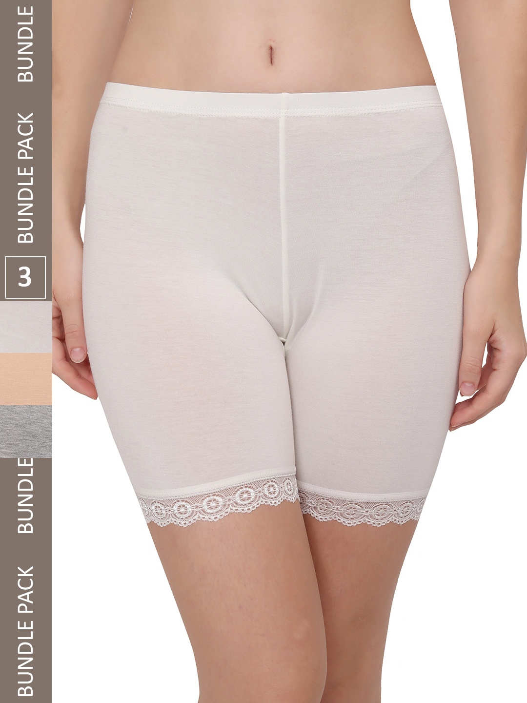 

PLUMBURY Women Pack Of 3 Mid-Rise Lace Edge Shorts, White