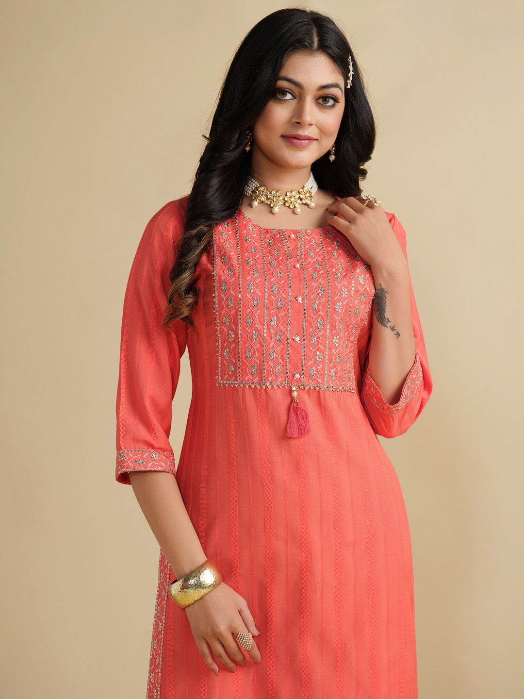 

Sangria Peach Floral Yoke Design Thread Work Straight Kurta