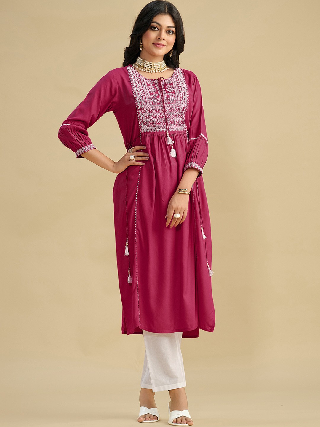 

Sangria Pink & White Ethnic Motifs Yoke Design Pleated A-Line Kurta