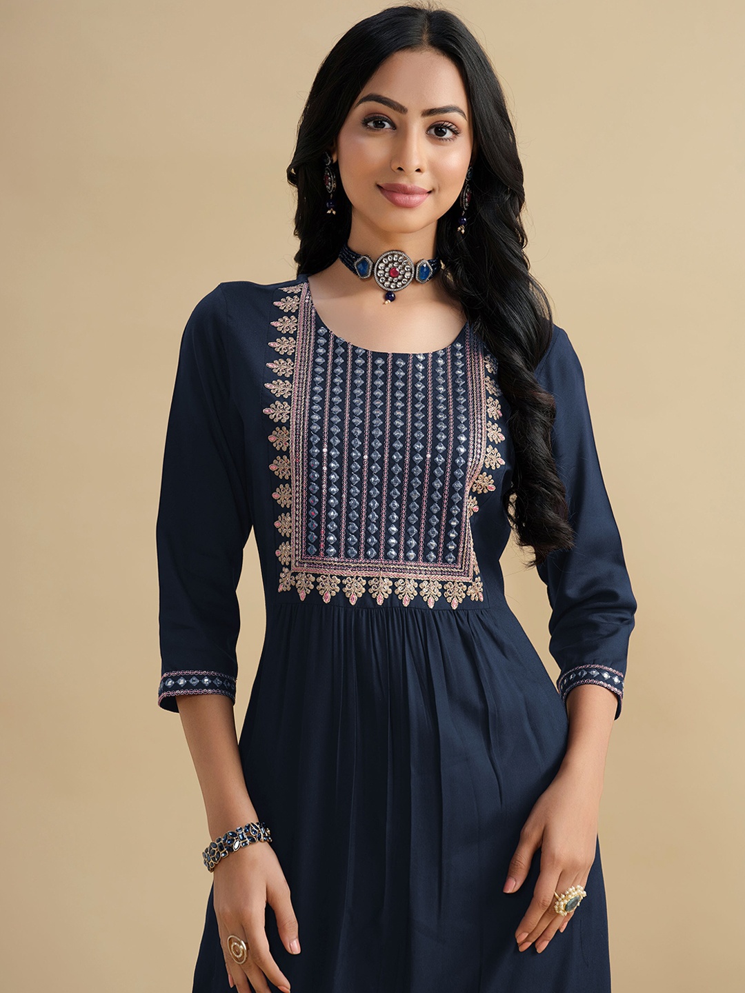 

Sangria Navy blue Geometric Yoke Design Pleated A-Line Kurta