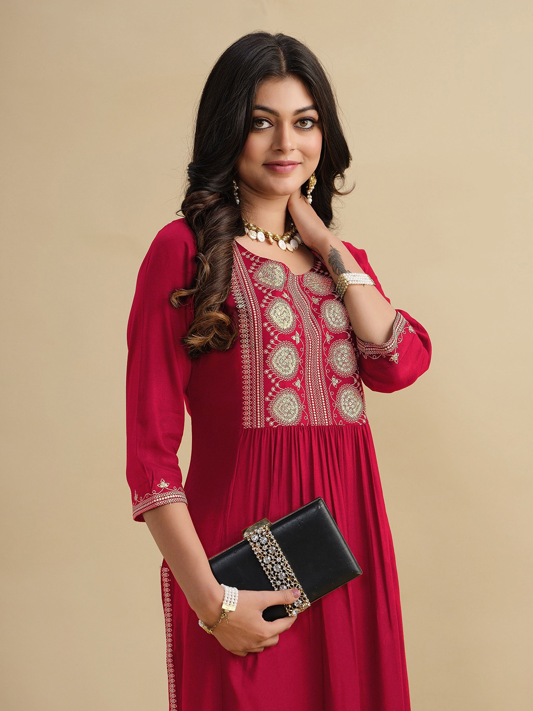 

Sangria Red Ethnic Motifs Yoke Design Thread work Kurta