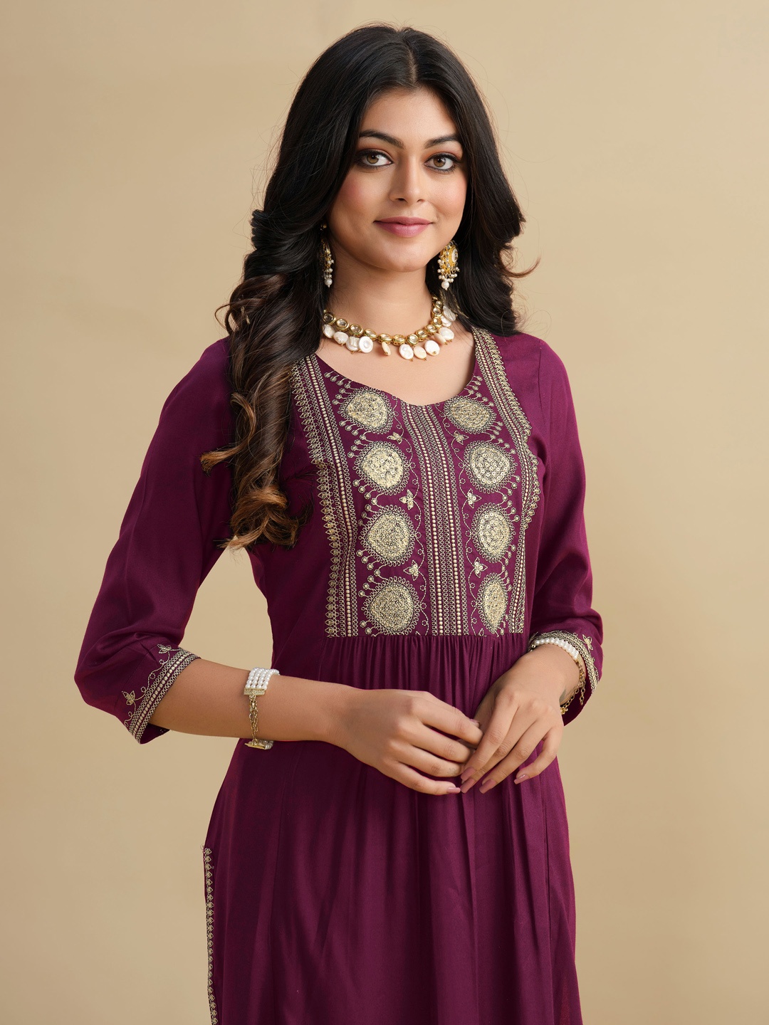 

Sangria Maroon Ethnic Motifs Yoke Design Thread work Kurta