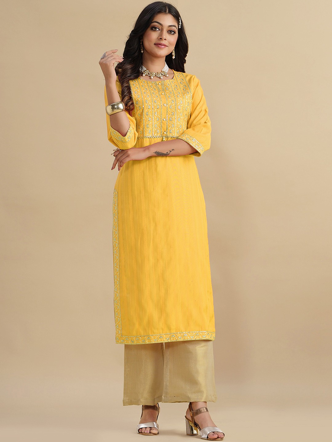 

Sangria Yellow Floral Yoke Design Thread work Kurta