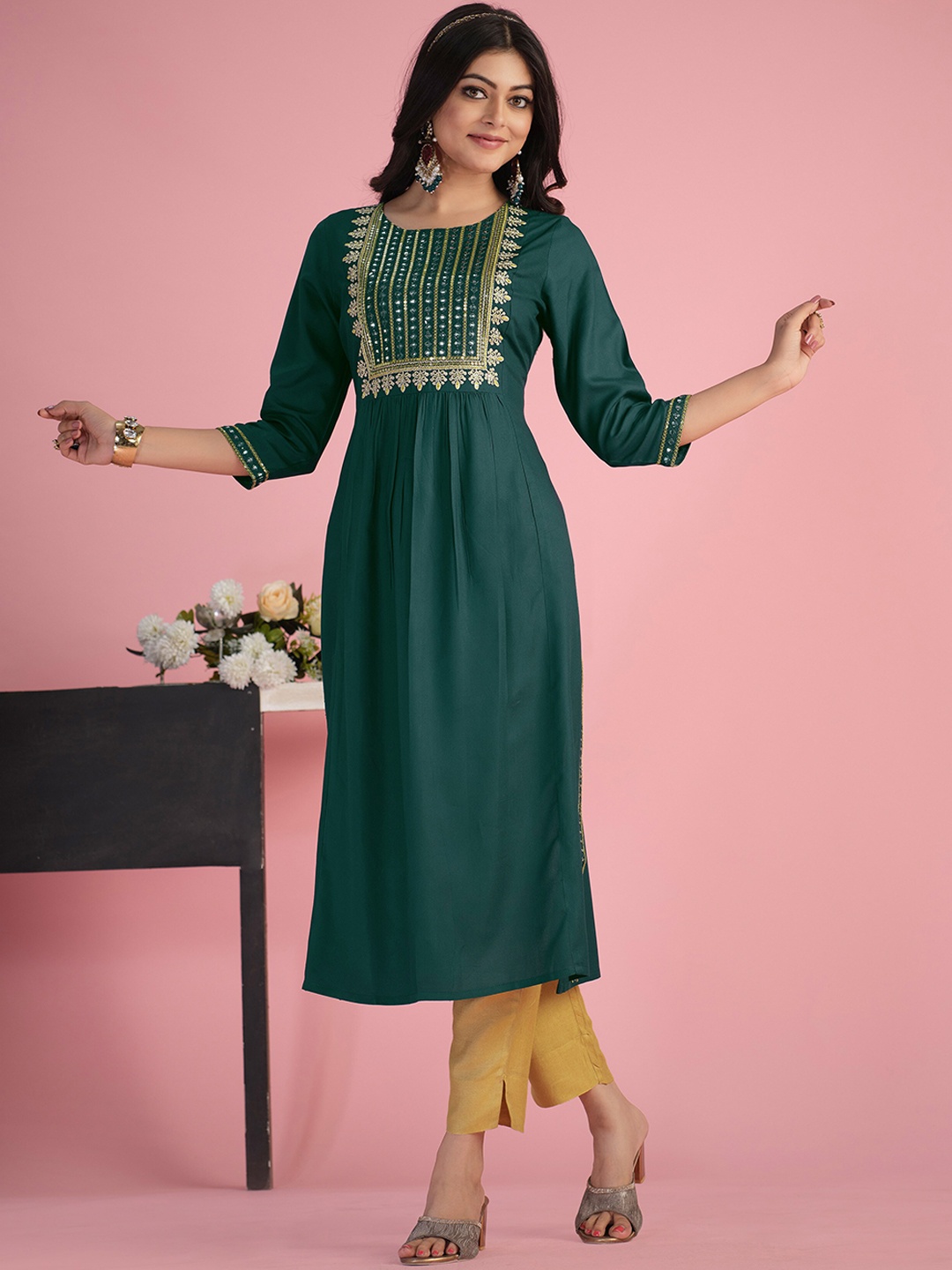 

Sangria Green Ethnic Motifs Yoke Design Mirror Work A-Line Kurta, Teal