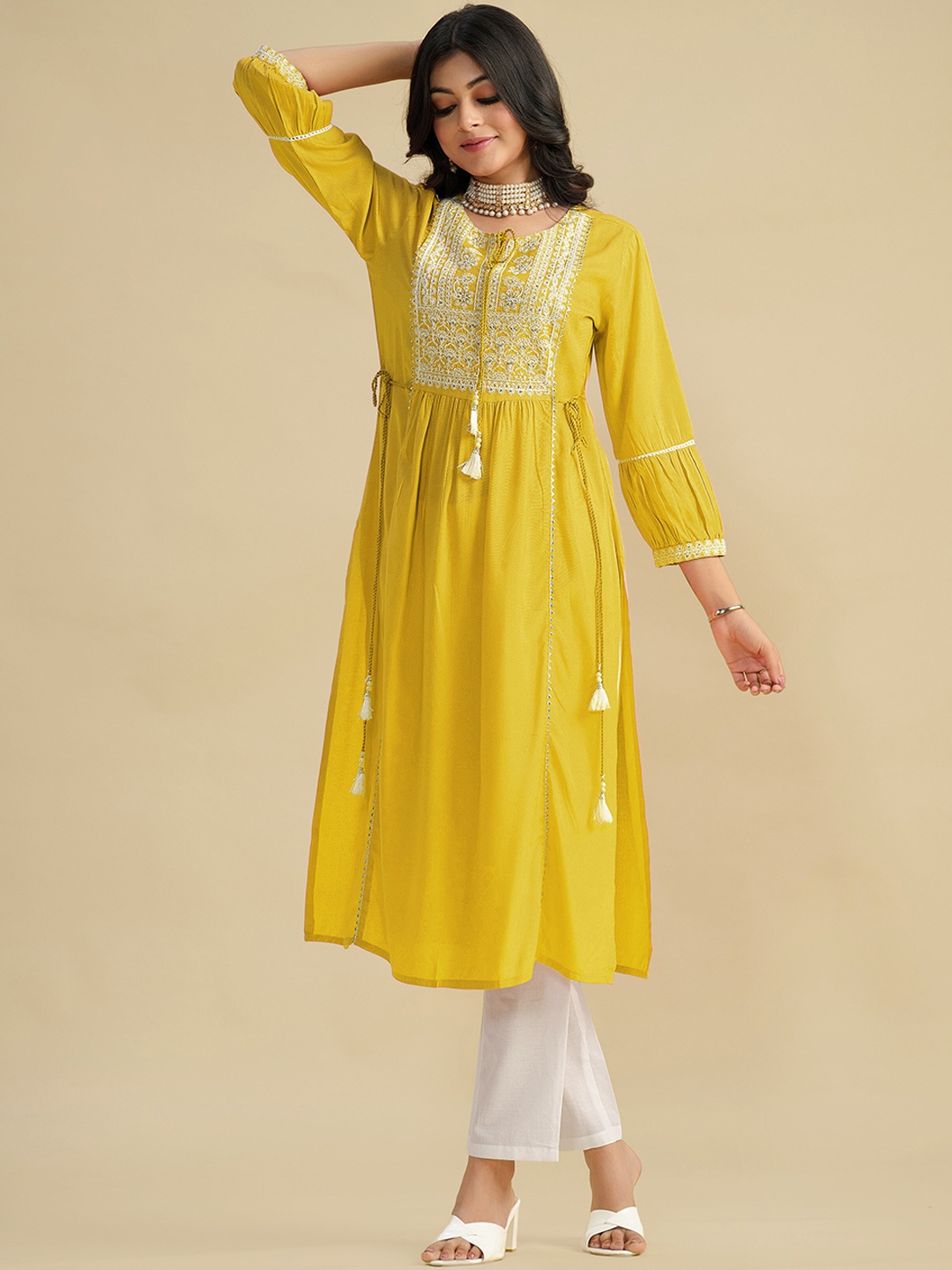 

Sangria Yellow Ethnic Motifs Yoke Design Thread work A-Line Kurta