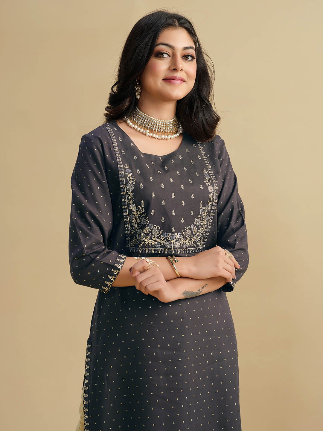 

Sangria Grey Ethnic Motifs Printed Zari Detailed Kurta