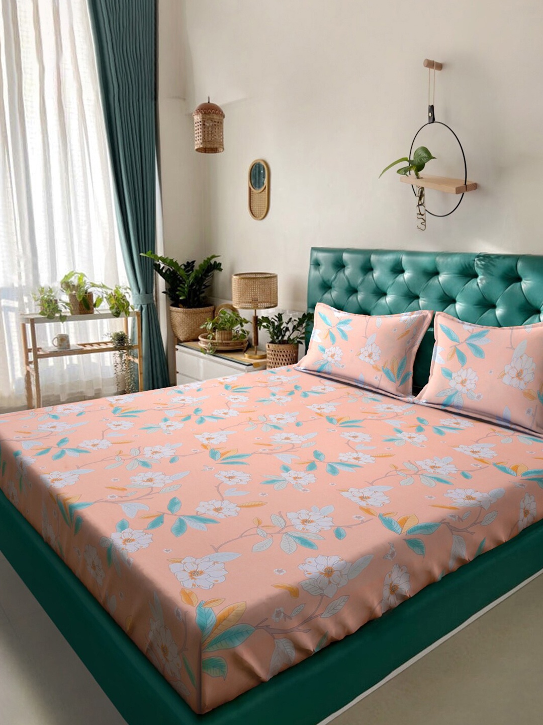 

KLOTTHE Orange & White Floral-Printed 300TC Fitted King Bedsheet & 2 Pillow Covers