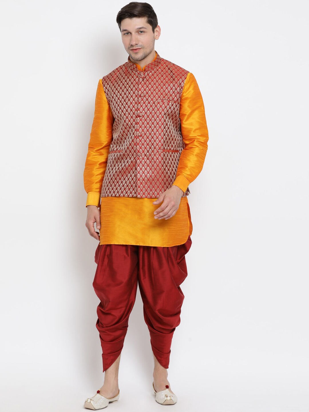 

VASTRAMAY Mandarin Collar Regular Kurta with Dhoti Pants & Woven Design Nehru Jacket, Orange