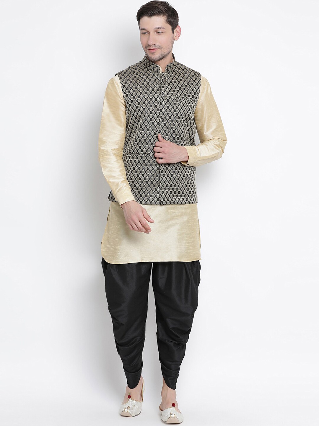 

VASTRAMAY Mandarin Collar Regular Kurta With Dhoti Pants & Nehru Jacket, Gold
