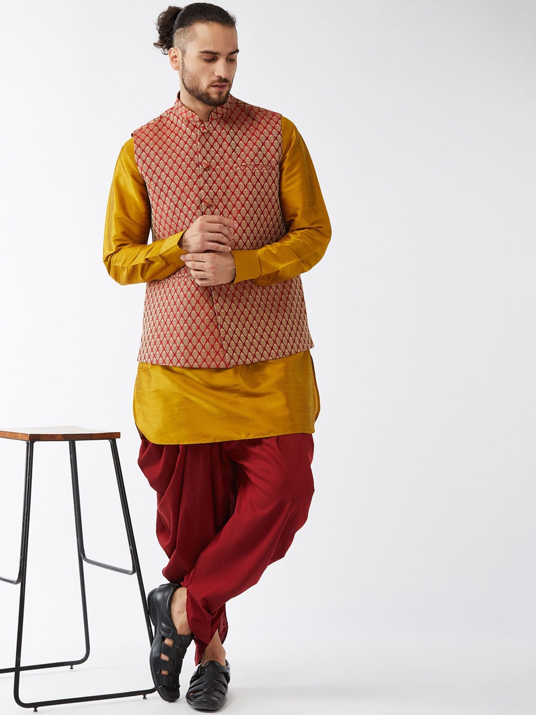 

VASTRAMAY Mandarin Collar Regular Kurta With Dhoti Pants & Nehru Jacket, Mustard