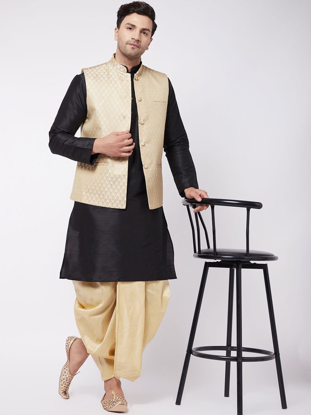 

VASTRAMAY Mandarin Collar Regular Kurta with Dhoti Pants & Woven Design Nehru Jacket, Black