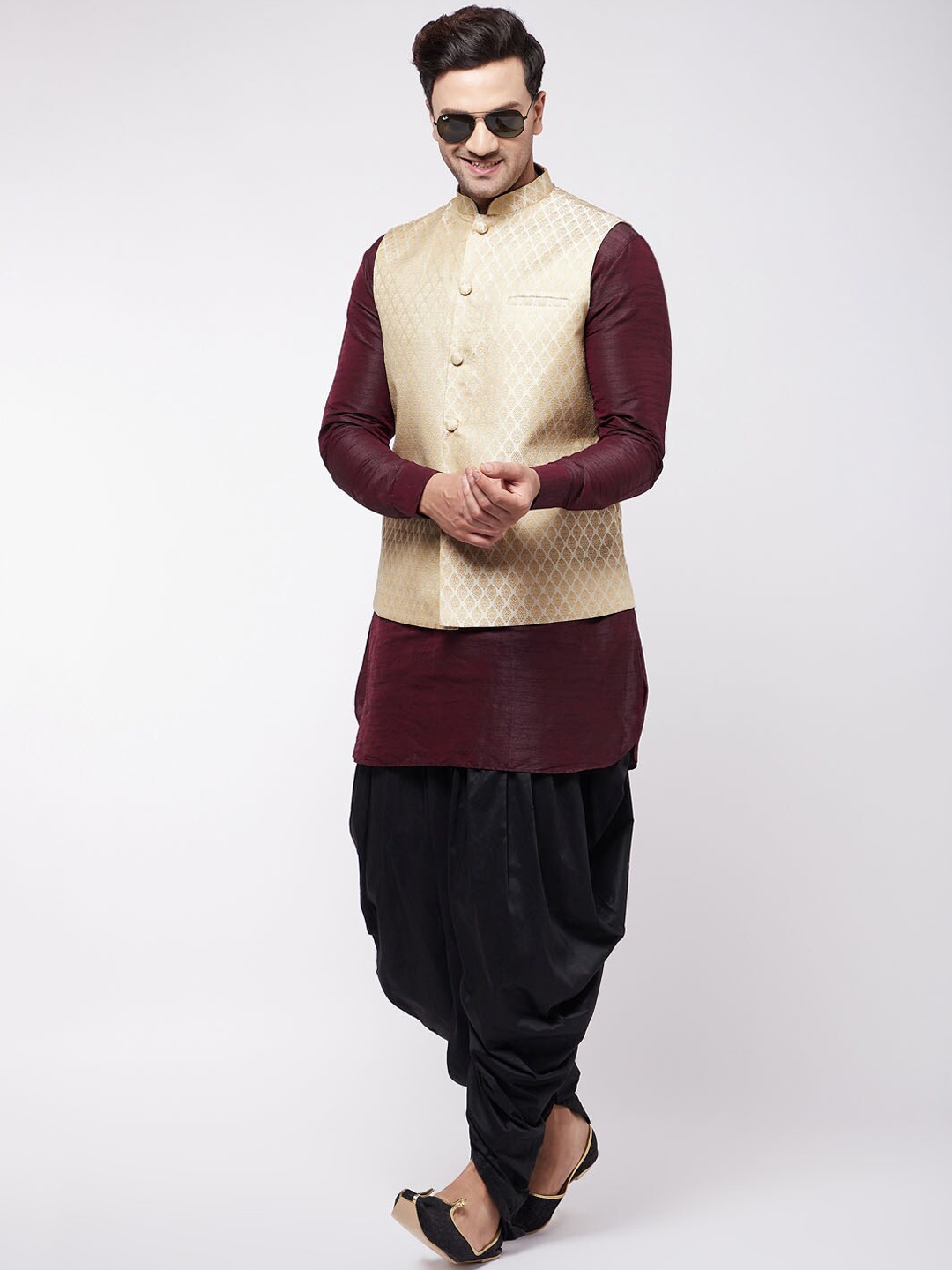 

VASTRAMAY Mandarin Collar Regular Kurta with Dhoti Pants & Woven Design Nehru Jacket, Burgundy