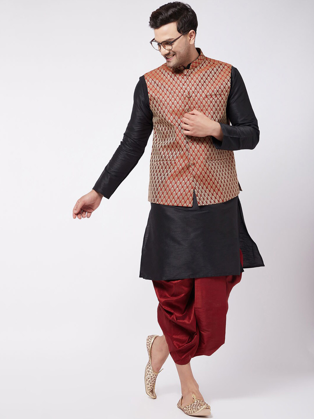 

VASTRAMAY Mandarin Collar Regular Kurta with Dhoti Pants & Woven Design Nehru Jacket, Black