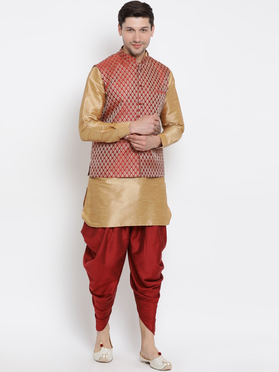 

VASTRAMAY Mandarin Collar Regular Kurta With Dhoti Pants & Nehru Jacket, Rose gold